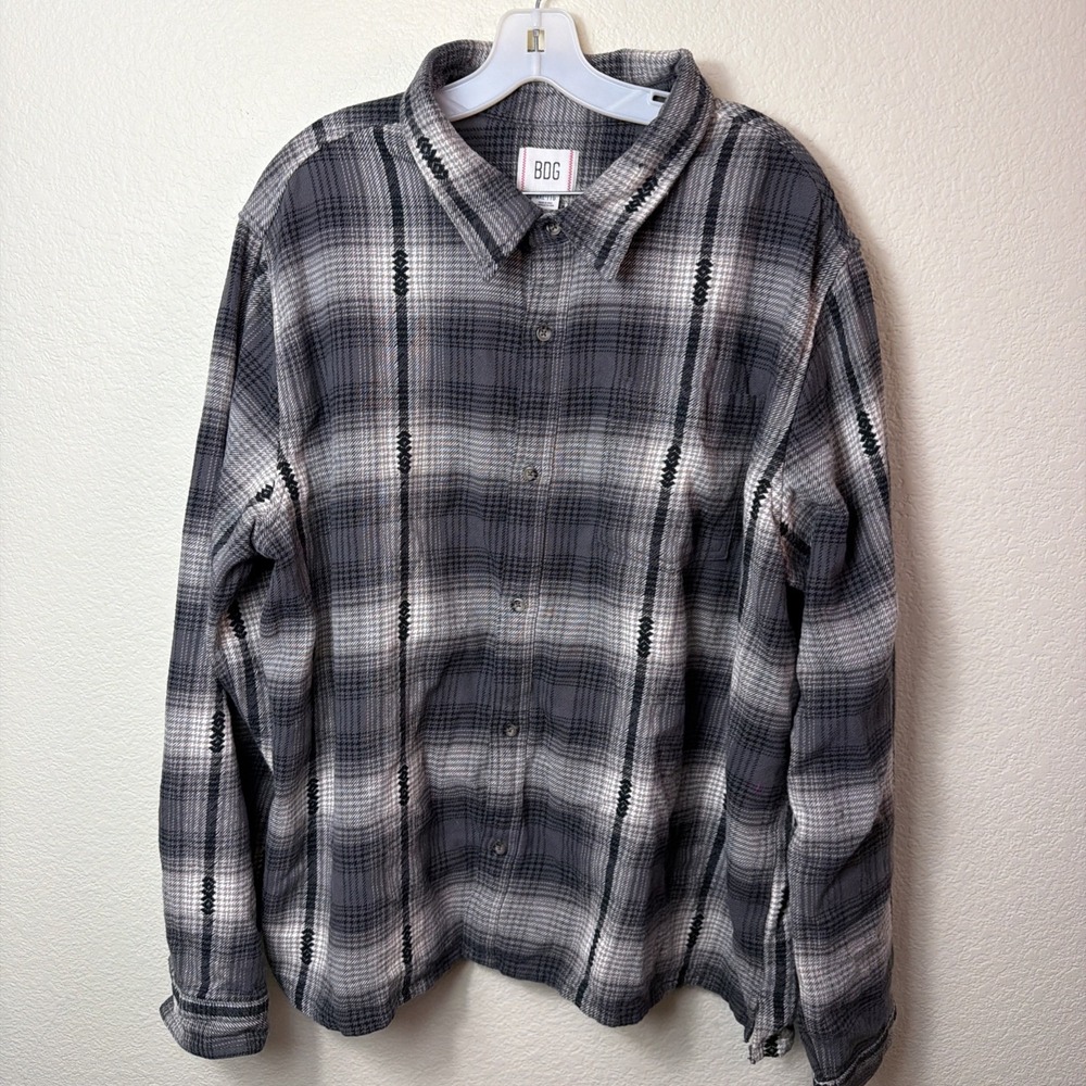BDG Plaid Flannel Shirt XXL Men Grey Embroidered Aztec Stripe Urban Outfitters